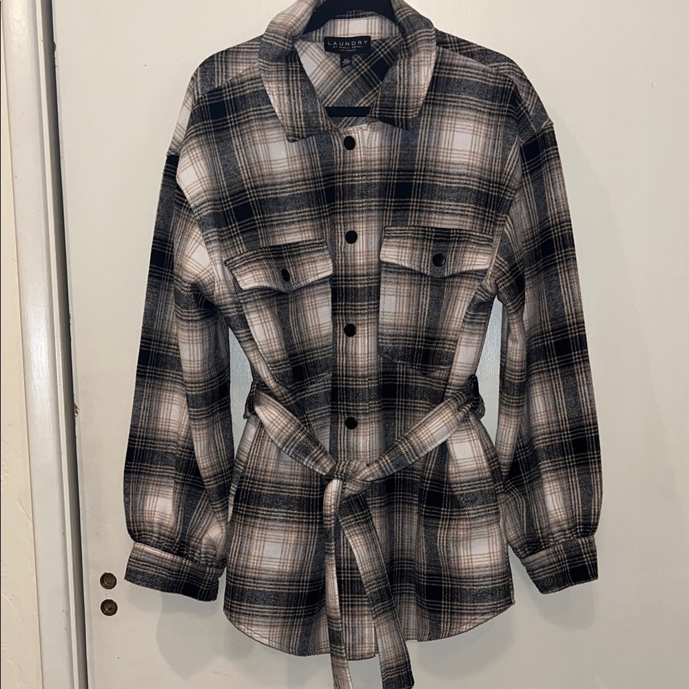 Laundry By Shelli Segal Black & Cream Plaid Button-Front Shacket with Tie Belt